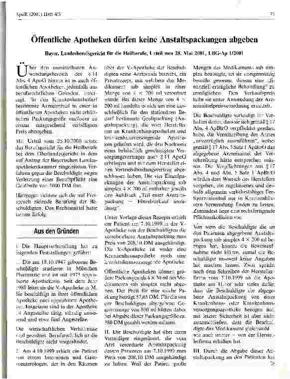 Vorschauseite 1: Öffentliche Apotheken dürfen keine Anstaltspackungen abgeben