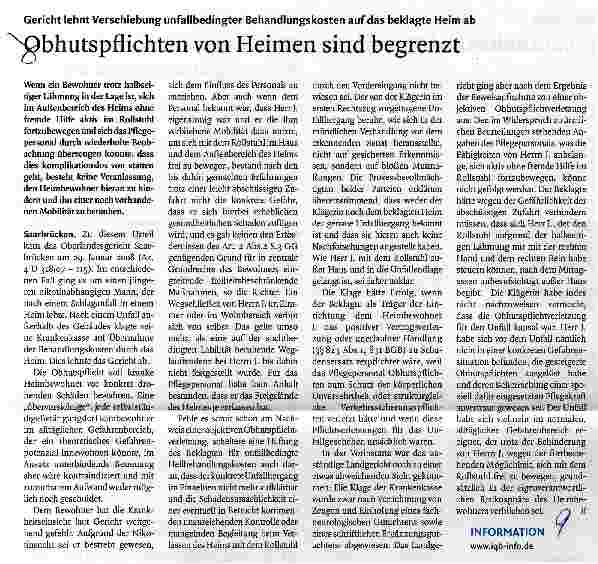 Vorschauseite 1: Gericht lehnt Verschiebung unfallbedingter Behandlungskosten auf das beklagte Heim abObhutspflichten von Heimen sind begrenzt