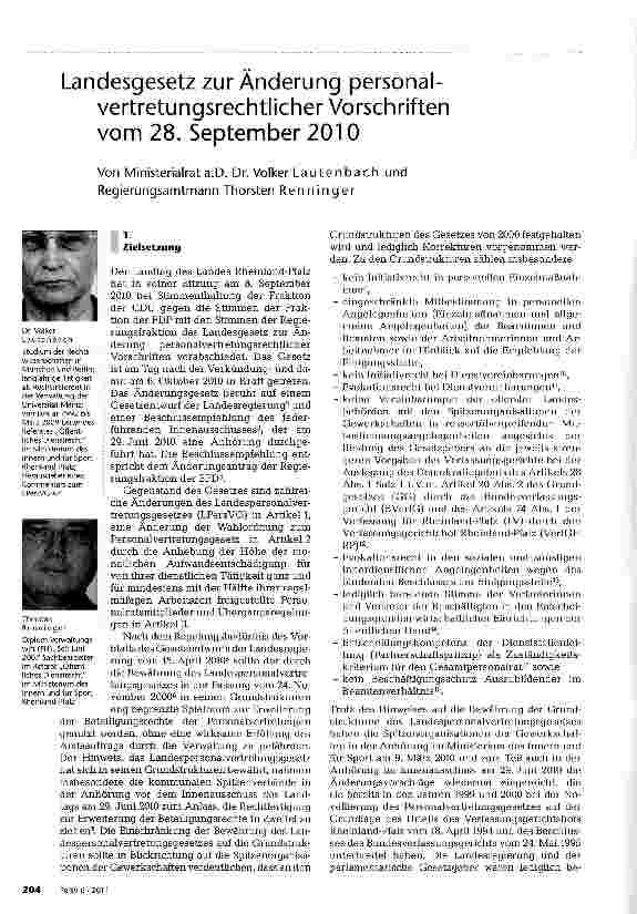 Vorschauseite 1: Landesgesetz zur Änderung personal-vertretungsrechtlicher Vorschriften vom 28. September 2010