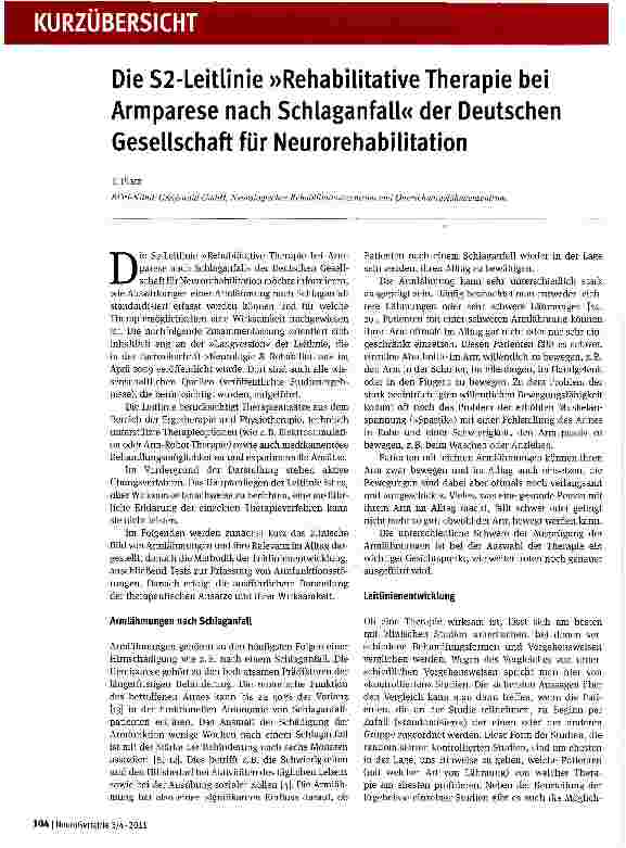 Vorschauseite 1: Die S2-Leitlinie »Rehabilitative Therapie bei Armparese nach Schlaganfall« der Deutschen Gesellschaft für Neurorehabilitation