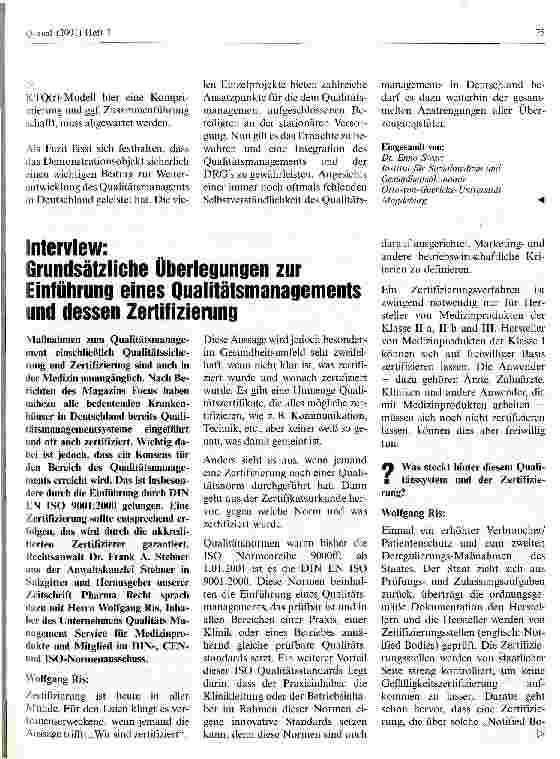 Vorschauseite 1: Interview: Grundsätzliche Überlegungen zur Einführung eines Qualitätsmanagements und dessen Zertifizierung