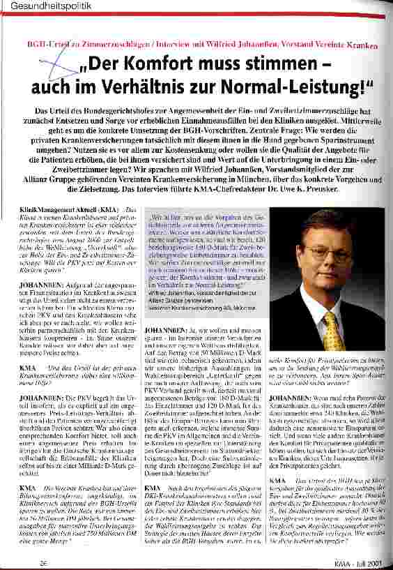 Vorschauseite 1: Der Komfort muss stimmen - auch im Verhältnis zur Normal-Leistung BGH-Urteil zu Zimmerzuschlägen / Interview mit Wilfried Johannßen