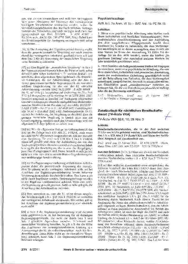 Vorschauseite 1: Zusatzurlaub für nächtlichen Bereitschafts dienst (TV-Ärzte VKA)/TV-Ärzte VKA §§ 9, 10, 28 Abs. 3
