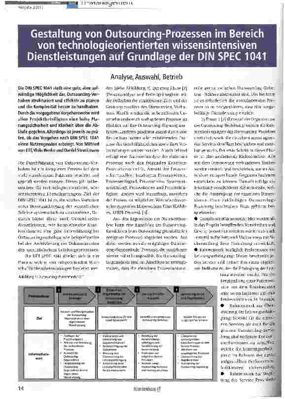Vorschauseite 1: Gestaltung von Outsourcing-Prozessen im Bereich von technologieorientierten wissensintensiven Dienstleistungen auf Grundlage der DIN SPEC 1041