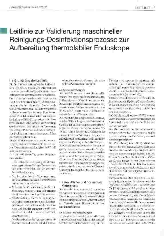 Vorschauseite 1: Leitlinie zur Validierung maschineller Reinigungs-Desinfektionsprozessezur Aufbereitung thermolabiler Endoskope