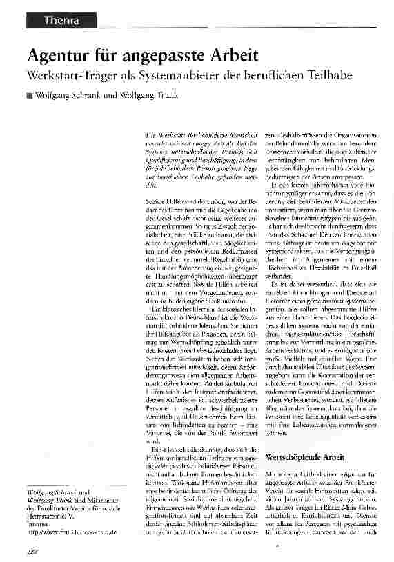 Vorschauseite 1: Agentur für angepasste Arbeit Werkstatt-Träger als Systemanbieter der beruflichen Teilhabe