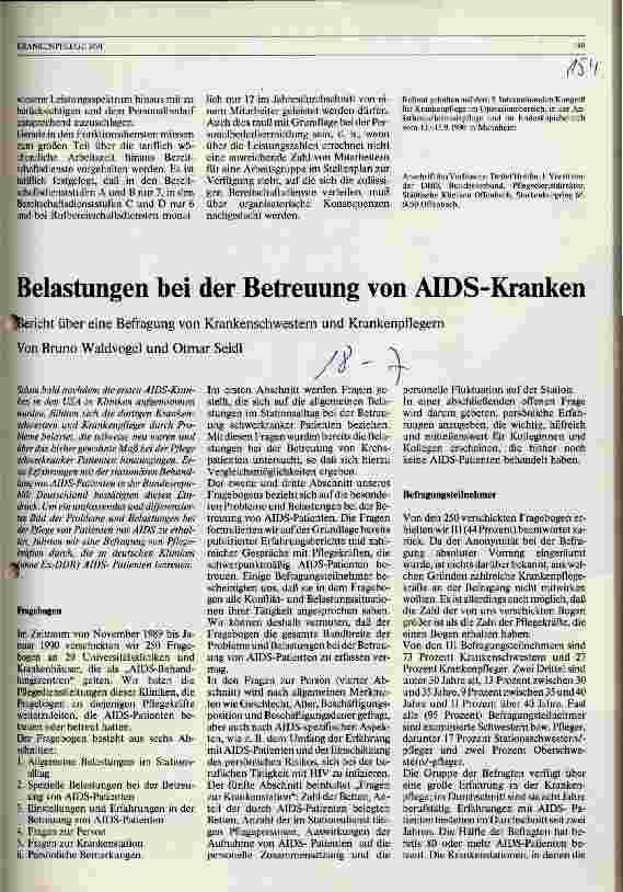 Vorschauseite 1: Belastungen bei der Betreuung von AIDS-Kranken Bericht über eine Befragung von Krankenschwestern und -pfleger