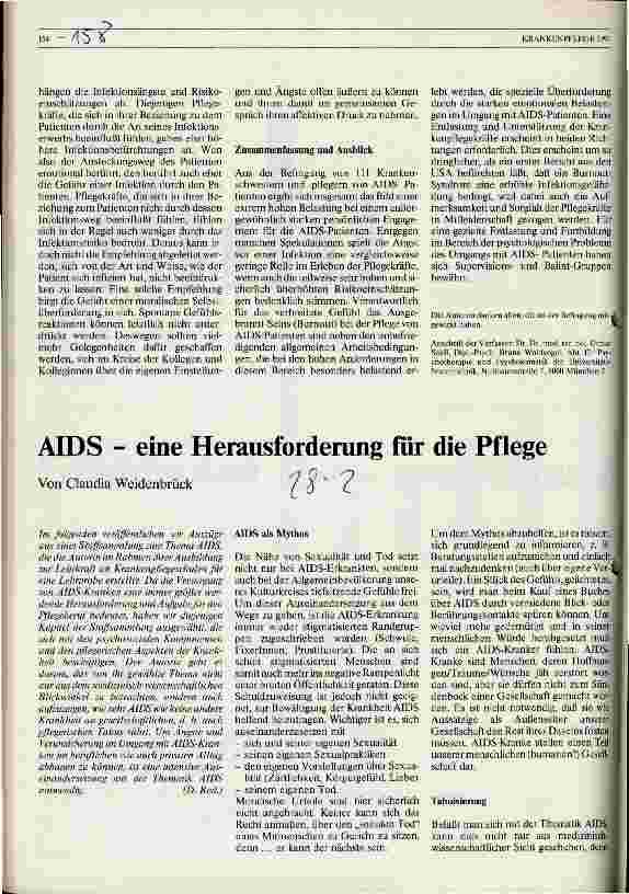 Vorschauseite 5: Belastungen bei der Betreuung von AIDS-Kranken Bericht über eine Befragung von Krankenschwestern und -pfleger