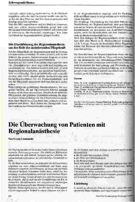 Vorschauseite 1: Die Überwachung von Patienten mit Regionalanästhesie