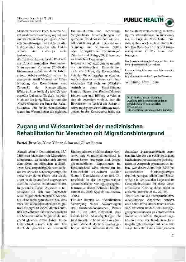 Vorschauseite 1: Zugang und Wirksamkeit bei der medizinischen Rehabilitation für Menschen mit Migrationshintergrund