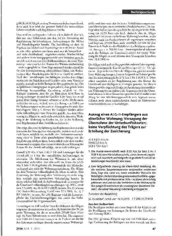 Vorschauseite 1: Auszug eines ALG-Il-Empfängers aus elterlicher Wohnung; Versagung der Übernahme der Unterkunftskosten; keine Verpflichtung des Trägers zur Erteilung der ZusicherungSGB II §22 Abs.…