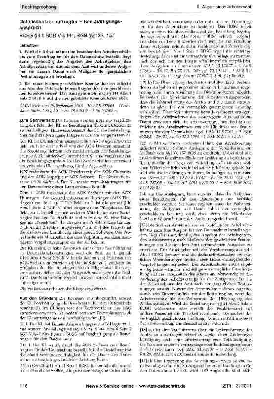 Vorschauseite 1: Datenschutzbeauftragter - BeschäftigungsanspruchBDSG§4f; SGB V§ 144; BGB §§133, 157