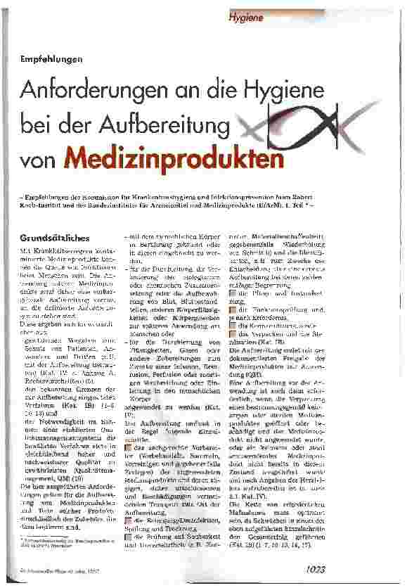Vorschauseite 1: Anforderungen an die Hygiene bei der Aufbereitung von Medizinprodukten 1. Teil