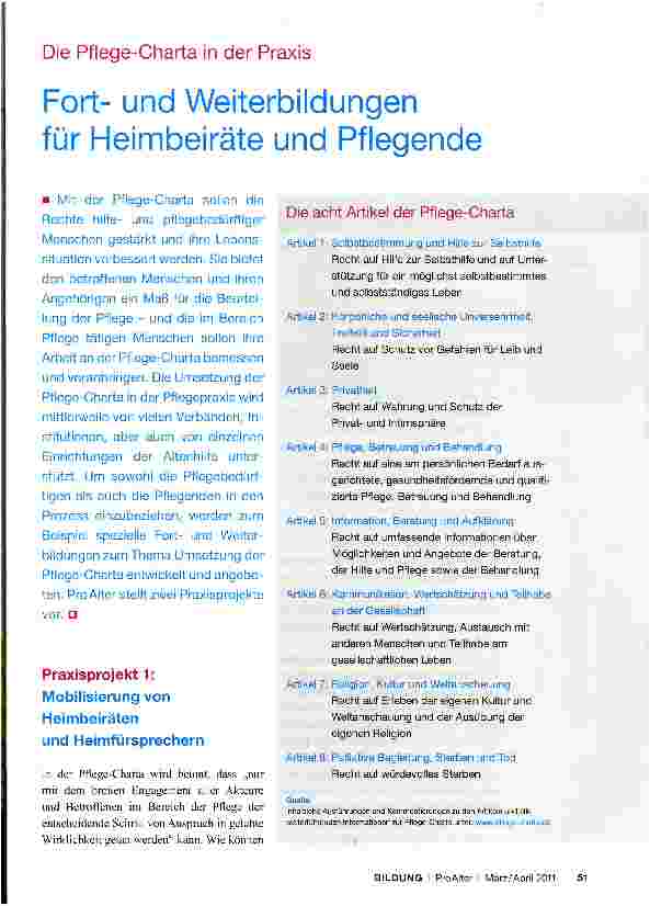 Vorschauseite 1: Die Pflege-Charta in der PraxisFortund Weiterbildungen für Heimbeiräte und Pflegende