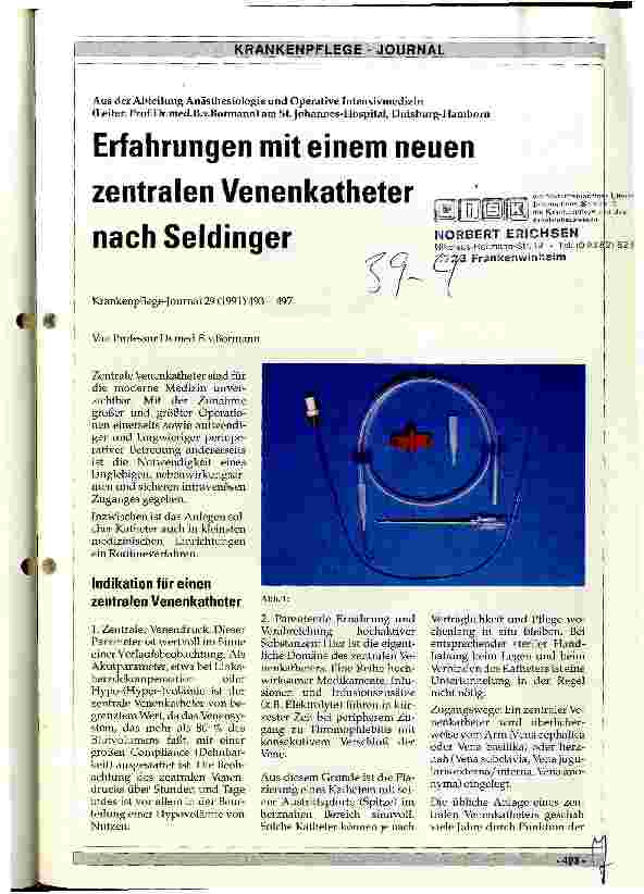 Vorschauseite 1: Erfahrungen mit einem neuen zentralen Venenkatheter nach Seldinger