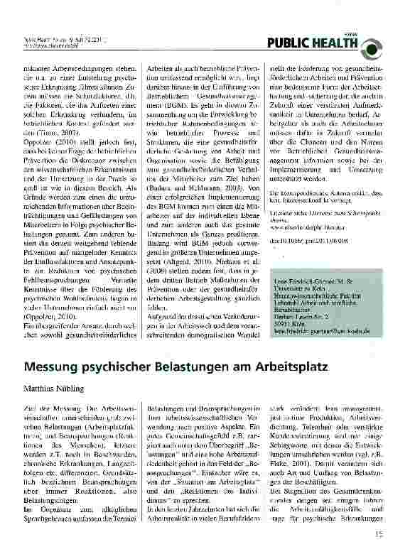 Vorschauseite 1: Messung psychischer Belastungen am Arbeitsplatz