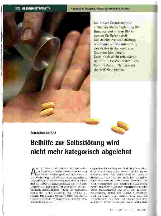 Vorschauseite 1: Beihilfe zur Selbsttötung wird nicht mehr kategorisch abgelehnt