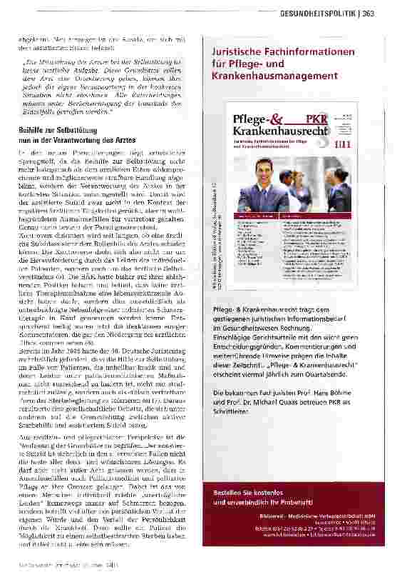 Vorschauseite 2: Beihilfe zur Selbsttötung wird nicht mehr kategorisch abgelehnt