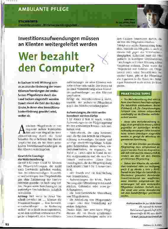 Vorschauseite 1: Wer bezahlt den Computer? Investitionsaufwendungen müssen an Klienten weitergeleitet werden