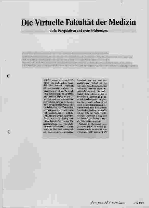 Vorschauseite 1: Die Virtuelle Fakultät der Medizin Ziele, Perspektiven und erste Erfahrungen