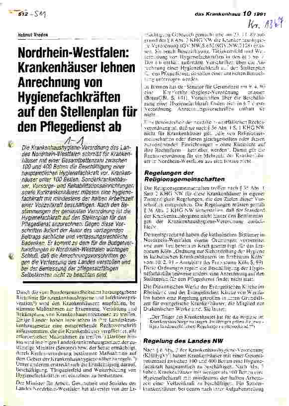 Vorschauseite 1: Nordrhein-Westfalen: Krankenhäuser lehnen Anrechnung von Hygienefachkräften auf den Stellenplan für den Pflegedienst ab