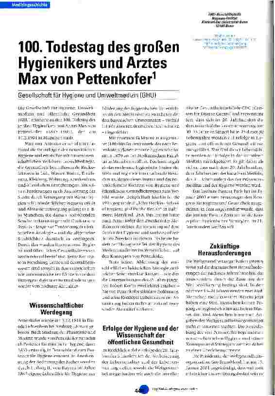 Vorschauseite 1: 100. Todestag des großen Hygienikers und Arztes Max von Pettenkofer Gesellschaft für Hygiene und Umweltmedizin (GHU)