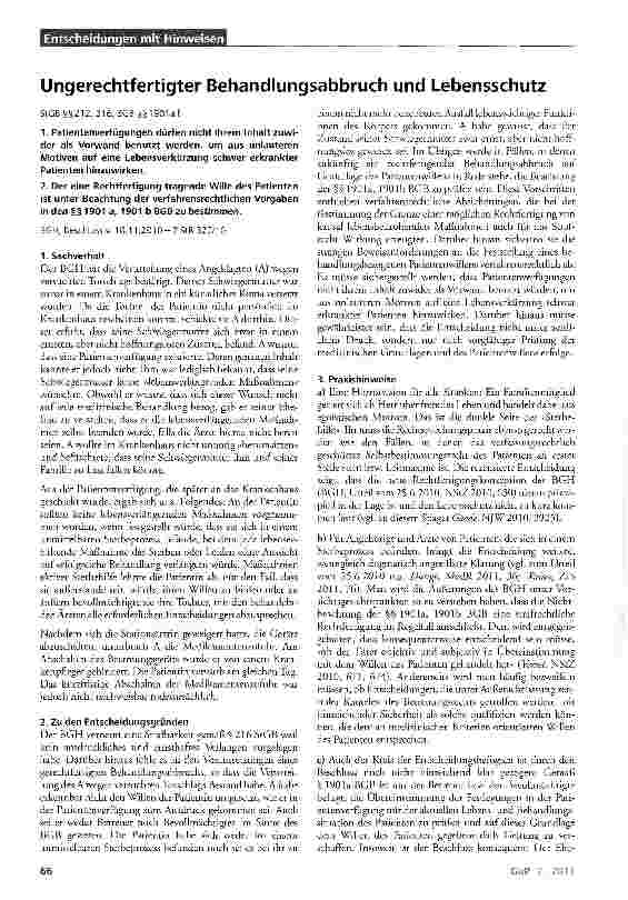 Vorschauseite 1: Ungerechtfertigter Behandlungsabbruch und Lebensschutz StGB §§212, 216; BGB §§ 1901a f.