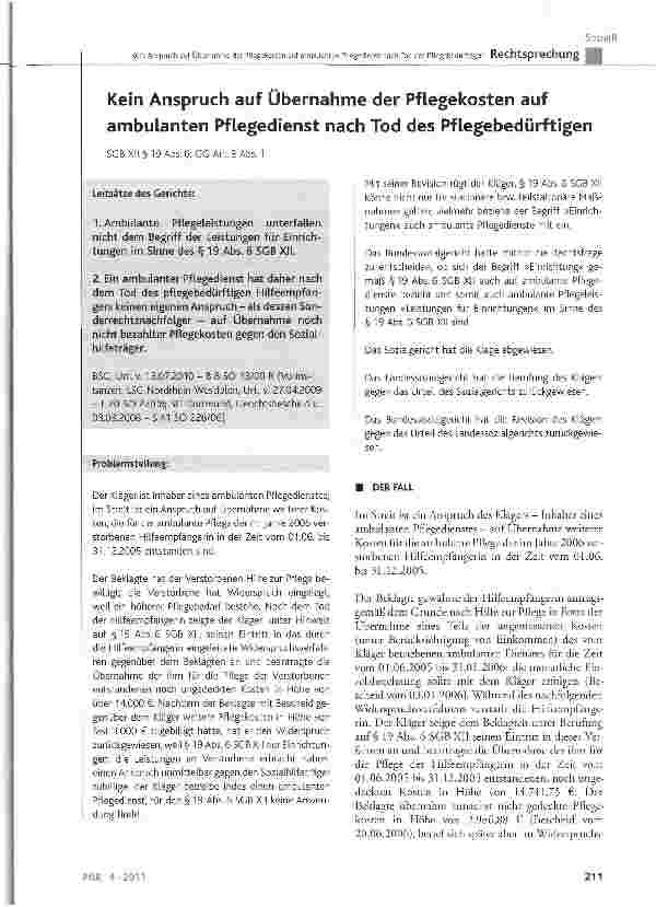 Vorschauseite 1: Kein Anspruch auf Übernahme der Pflegekosten auf ambulanten Pflegedienst nach Tod des Pflegebedürftigen