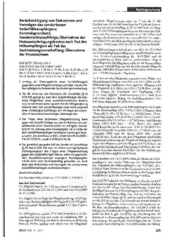 Vorschauseite 1: Berücksichtigung von Einkommen und Vermögen des verstorbenen Sozialhilf eempfängers; Kenntnisgrundsatz;Sonderrechtsnachfolge; Übernahme der Heimunterbringungskosten nach Tod des H…