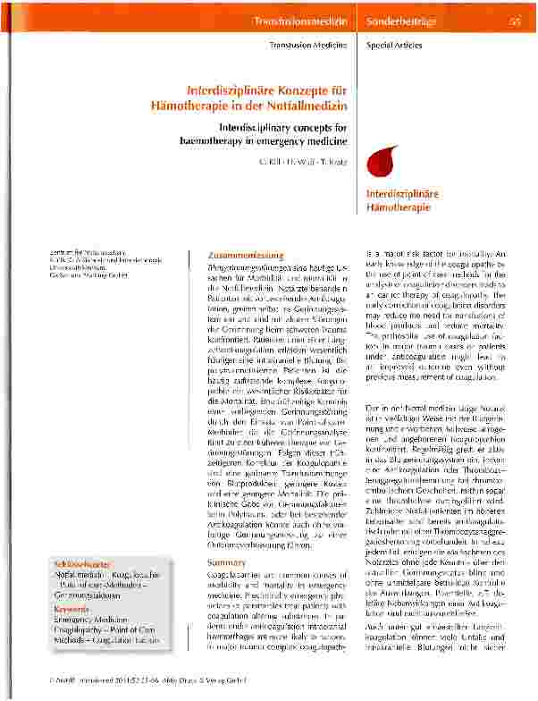 Vorschauseite 1: Interdisziplinäre Konzepte für Hämotherapie in der Notfallmedizin