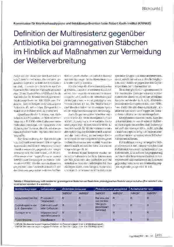Vorschauseite 1: Definition der Multiresistenz gegenüber Antibiotika bei gramnegativen Stäbchen im Hinblick auf Maßnahmen zur Vermeidung der Weiterverbreitung