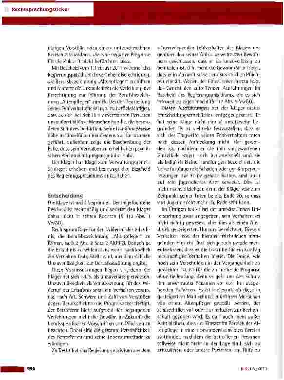 Vorschauseite 2: Widerruf der Erlaubnis zur Führung der Berufsbezeichnung wegen Verletzung des Persönlichkeitsrechts VG Stuttgart vom 19.7.2011 (4 K 766/11}