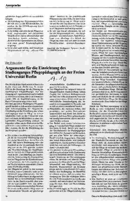 Vorschauseite 1: Argumente für die Einrichtung des Studienganges Pflegepädagogik an der Freien Universität Berlin