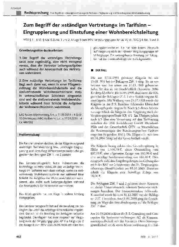 Vorschauseite 1: Zum Begriff der »ständigen Vertretung« im Tarifsinn -Eingruppierung und Einstufung einer Wohnbereichsleitung MTV §11, §12, §12a, §25 Nr. 1 und 2, Anlage B zum MTV Vergütungsgruppe…