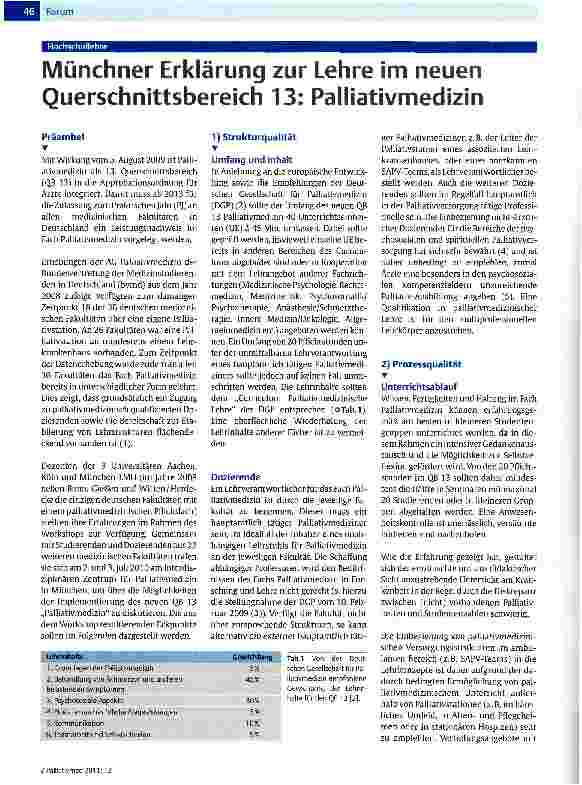 Vorschauseite 1: Münchner Erklärung zur Lehre im neuen Querschnittsbereich 13: Palliativmedizin