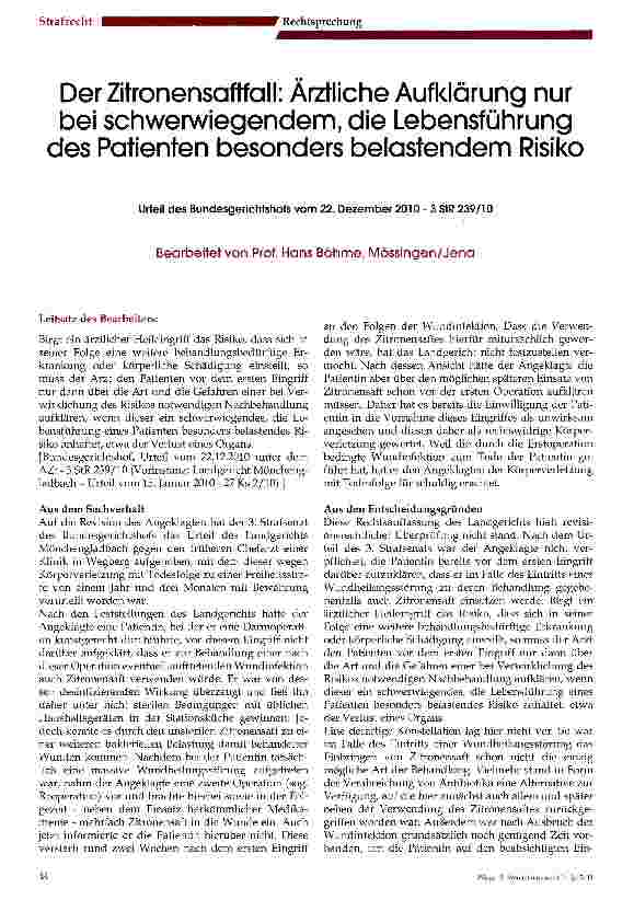 Vorschauseite 1: Der Zitronensaftfall: Ärztliche Aufklärung nur bei schwerwiegendem, die Lebensführungdes Patienten besonders belastendem Risiko