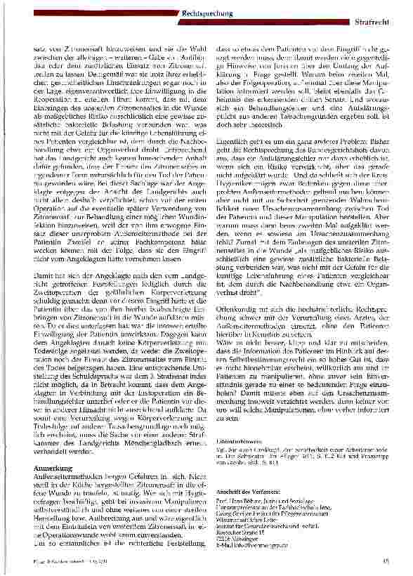 Vorschauseite 2: Der Zitronensaftfall: Ärztliche Aufklärung nur bei schwerwiegendem, die Lebensführungdes Patienten besonders belastendem Risiko