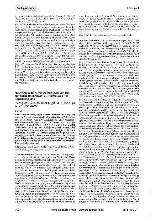 Vorschauseite 1: Betriebsbedingte Änderungskündigung bei tariflicher Unkündbarkeit - vorrangige PersonalgestellungTV-V §22 Abs. 7; TV RatSch §§3, 4, 6; TVÖD §4 Abs. 3; BGB §626