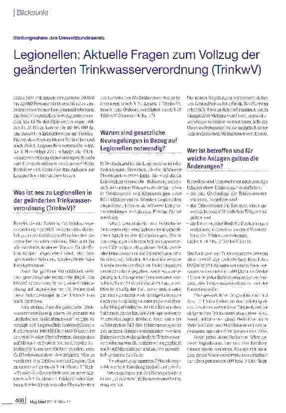 Vorschauseite 1: Legionellen: Aktuelle Fragen zum Vollzug der geänderten Trinkwasserverordnung (TrinkwV)