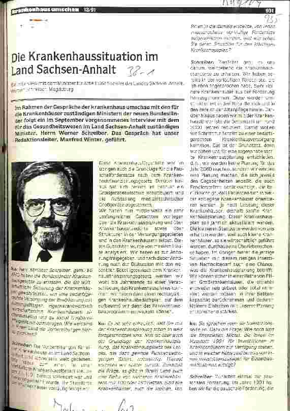 Vorschauseite 1: Die Krankenhaussituation im Land Sachsen-Anhalt Interview mit Minister für Arbeit und Soziales Werner Schreiber