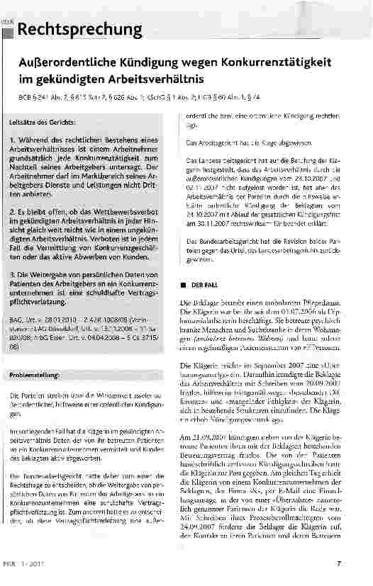 Vorschauseite 1: Außerordentliche Kündigung wegen Konkurrenztätigkeit im gekündigten ArbeitsverhältnisBGB §241 Abs. 2, §615 Satz 2, §626 Abs. 1; KSchG §1 Abs. 2; HGB §60 Abs. 1,§74