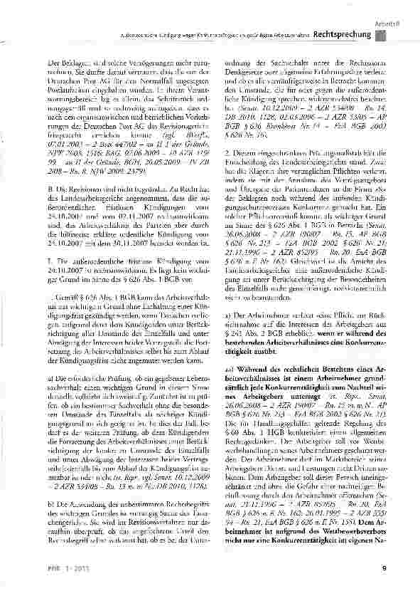 Vorschauseite 3: Außerordentliche Kündigung wegen Konkurrenztätigkeit im gekündigten ArbeitsverhältnisBGB §241 Abs. 2, §615 Satz 2, §626 Abs. 1; KSchG §1 Abs. 2; HGB §60 Abs. 1,§74