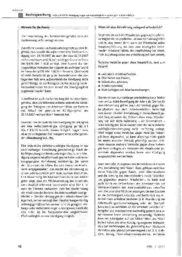 Vorschauseite 6: Außerordentliche Kündigung wegen Konkurrenztätigkeit im gekündigten ArbeitsverhältnisBGB §241 Abs. 2, §615 Satz 2, §626 Abs. 1; KSchG §1 Abs. 2; HGB §60 Abs. 1,§74