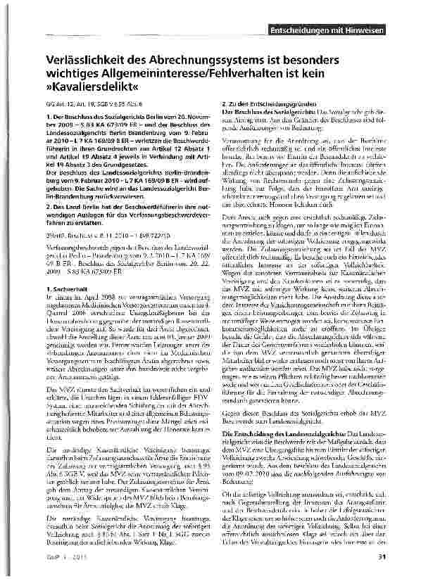 Vorschauseite 1: Verlässlichkeit des Abrechnungssystems ist besonders wichtiges Allgemeininteresse/Fehlverhalten ist kein »Kavaliersdelikt«