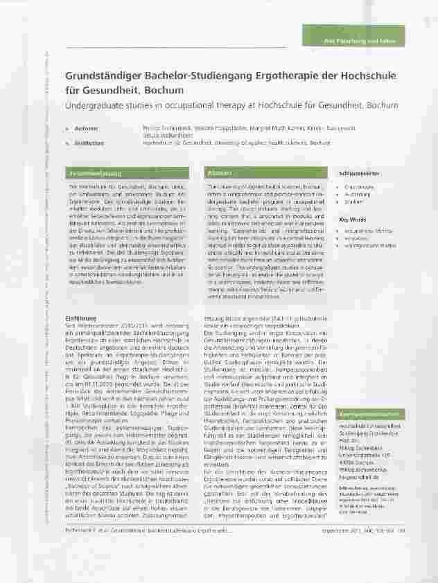Vorschauseite 1: Grundständiger Bachelor-Studiengang Ergotherapie der Hochschule für Gesundheit, Bochum