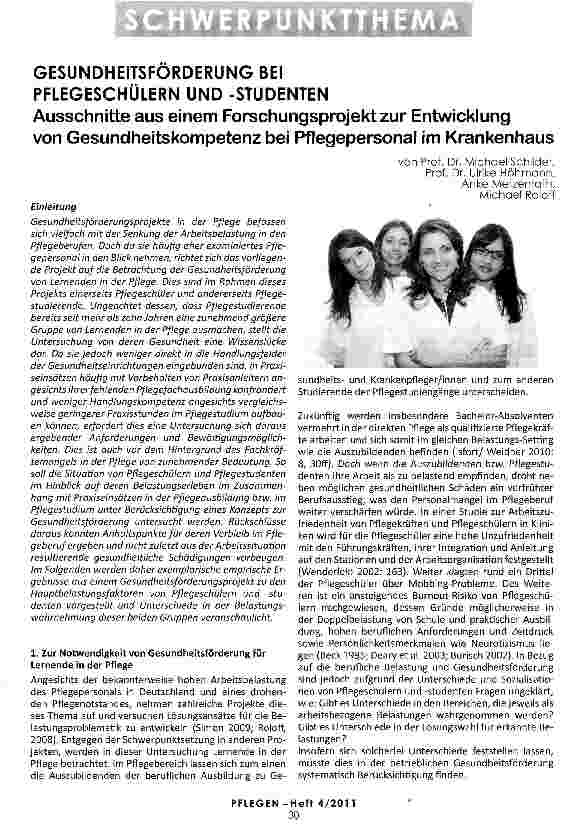 Vorschauseite 1: GESUNDHEITSFÖRDERUNG BEI PFLEGESCHÜLERN UND -STUDENTEN Ausschnitte aus einem Forschungsprojekt zur Entwicklung von Gesundheitskompetenz bei Pflegepersonal im Krankenhaus