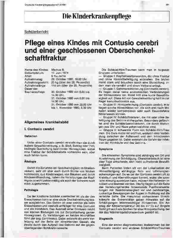 Vorschauseite 1: Pflege eines Kindes mit Contusio cerebri und einer geschlossenen Oberschenkelschaftfraktur
