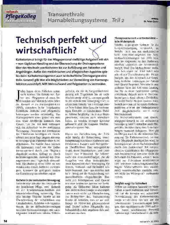 Vorschauseite 1: Technisch perfekt und wirtschaftlich? Teil 2: Transurethrale Harnableitungssysteme