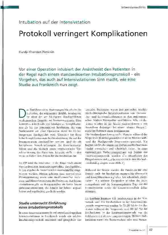 Vorschauseite 1: Intubation auf der IntensivstationProtokoll verringert Komplikationen