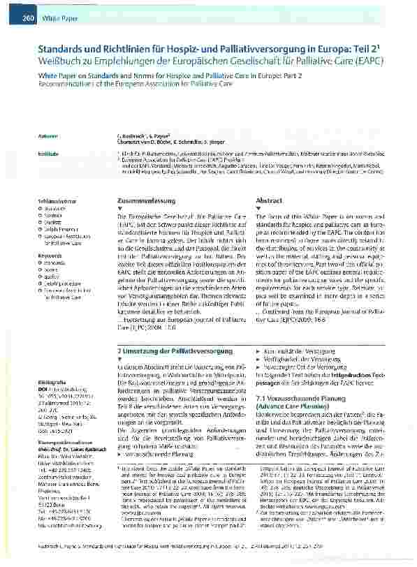 Vorschauseite 1: Standards und Richtlinien für Hospizund Palliatiwersorgung in Europa: Teil 2Weißbuch zu Empfehlungen der Europäischen Gesellschaft für Palliative Care (EAPC)